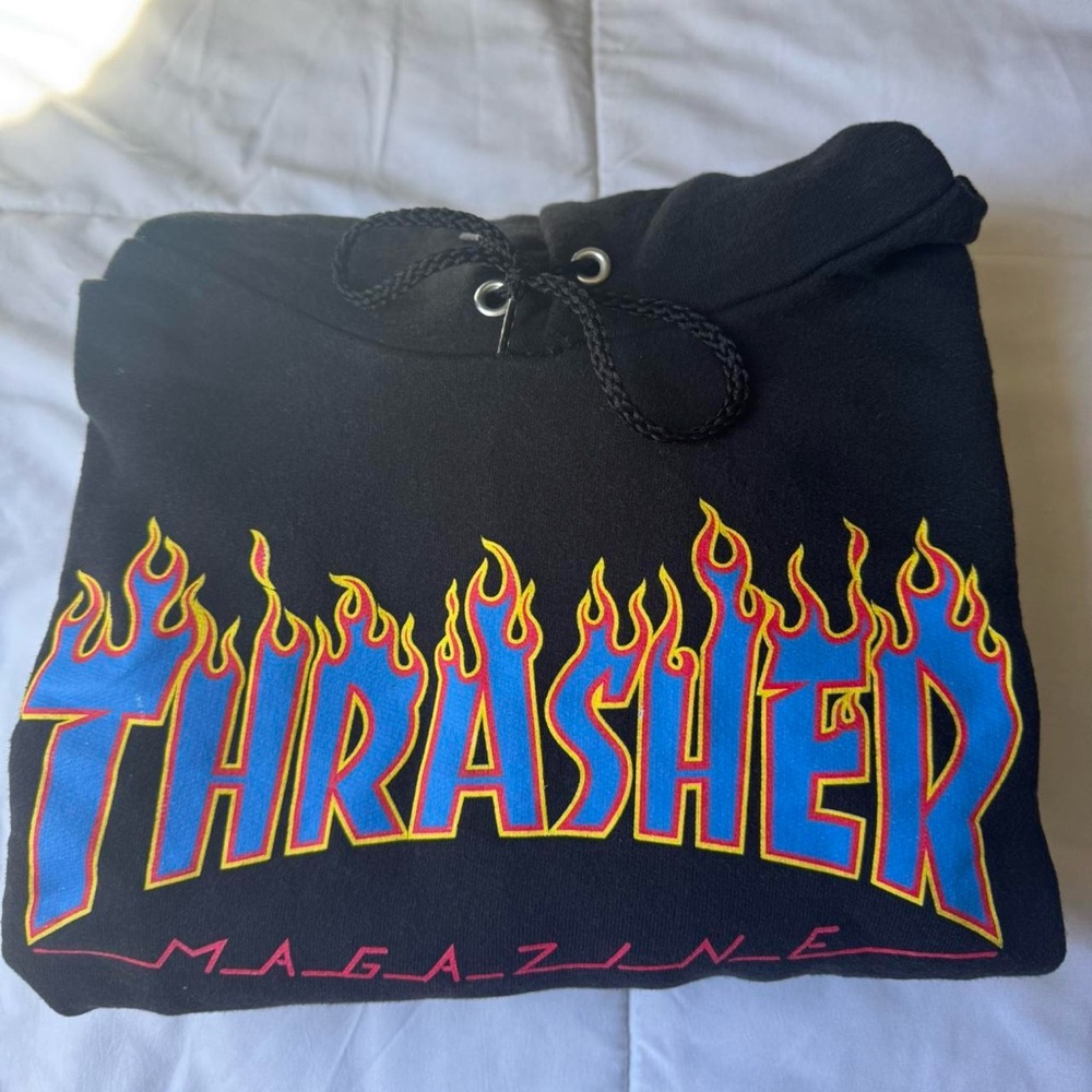 Thrasher Black Hoodie with Blue and Yellow Flame Design - Picture 1 of 2
